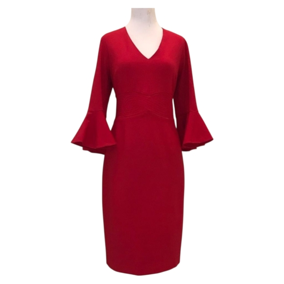 Trina Turk Red Bell Sleeve Sheath Dress 10 V-Neck Cocktail Party Wedding Guest - Picture 1 of 11